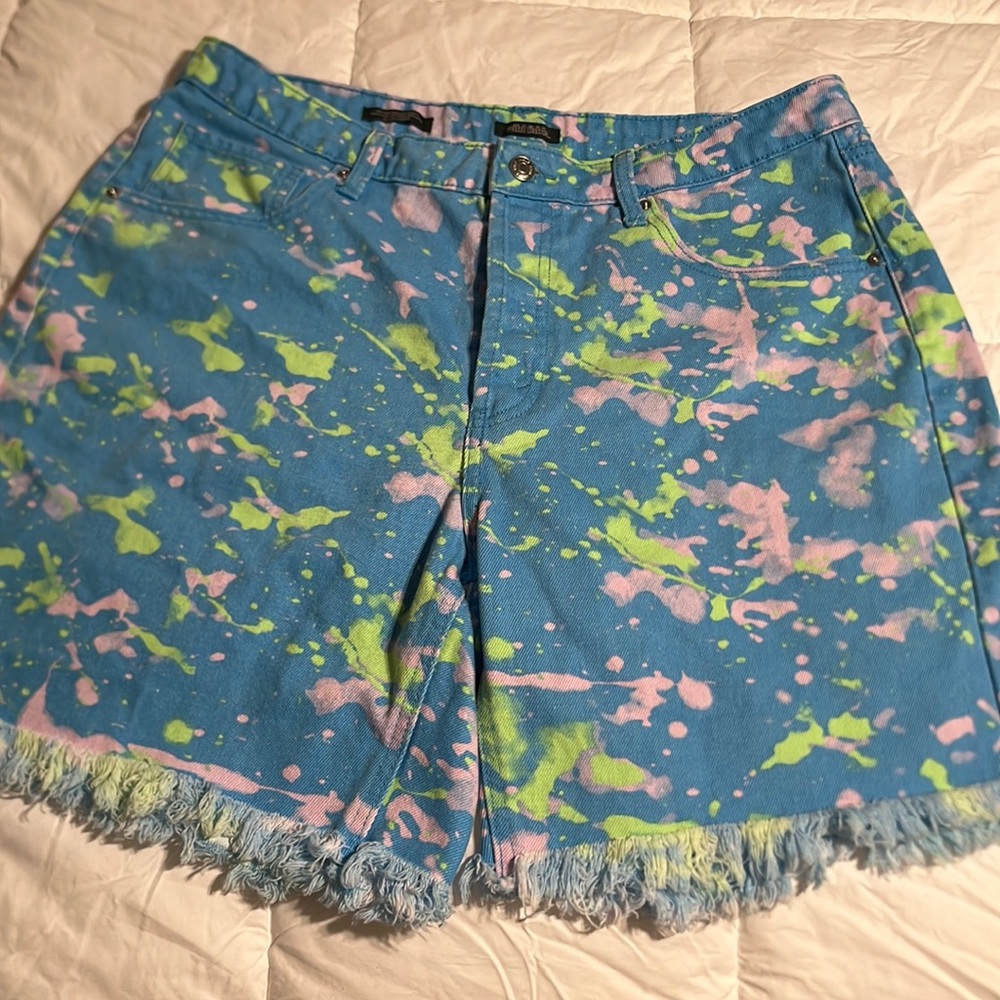 Jean short paint splatter jean shorts high rise Bermuda button up sz 14